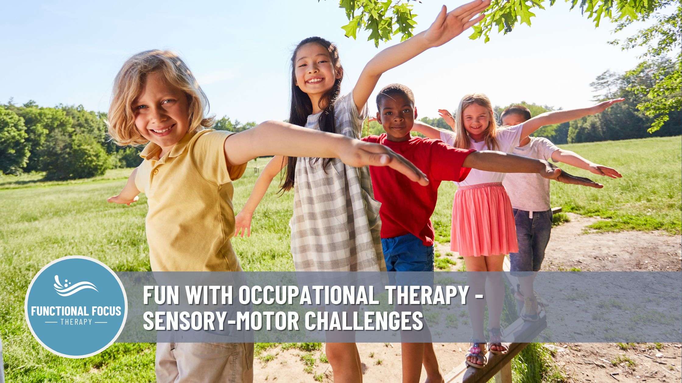 children participating in an occupational therapy balancing activity that helps with sensory motor skills.