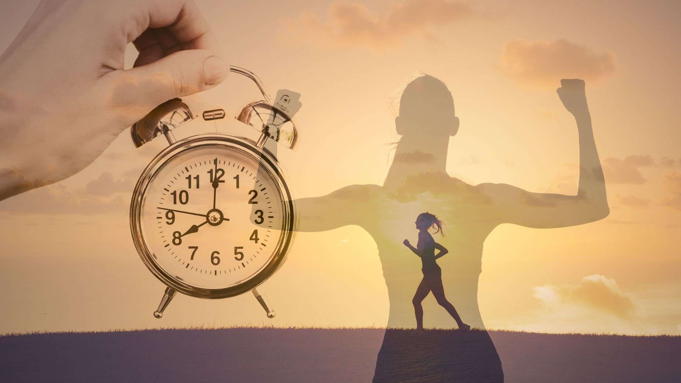 a picture of a woman running with a shadow of her with arms up and a clock indicating busy time