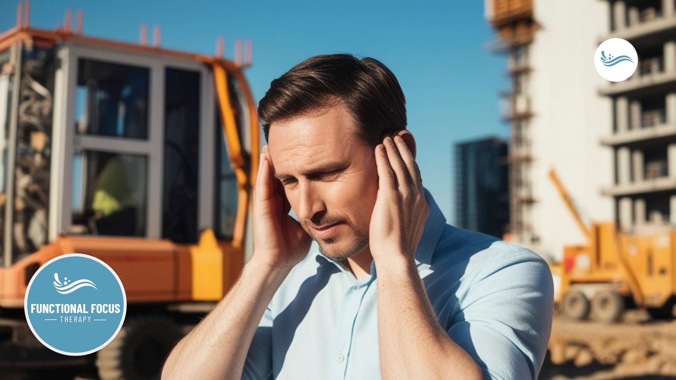 A man with his hands over his ears at work